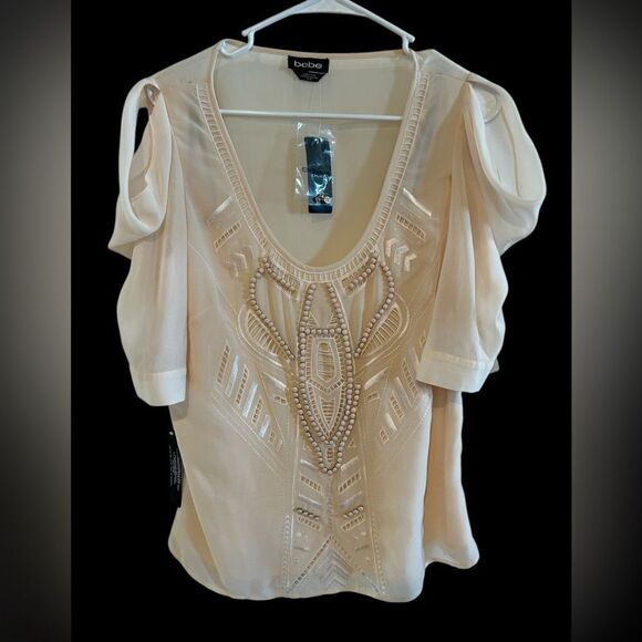Bebe Embroidered Hand Beaded Draped sleeves Pink blush Sheer Blouse XL - Picture 1 of 13